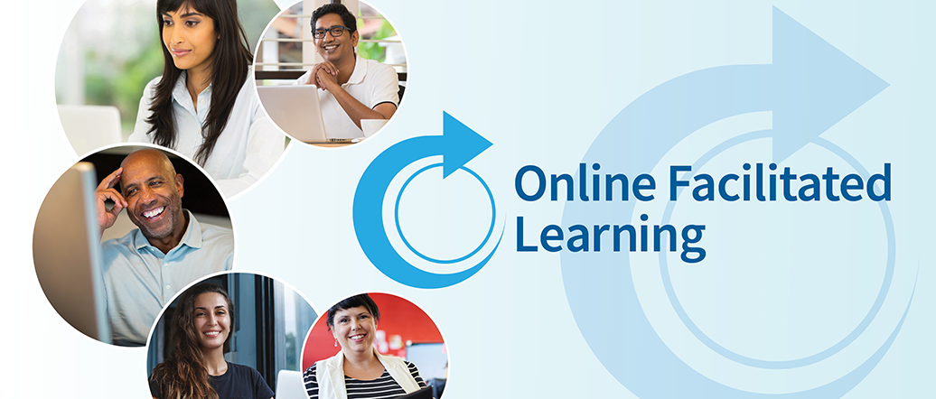 Online Facilitated Learning logo with diverse group of individuals on their personal devices