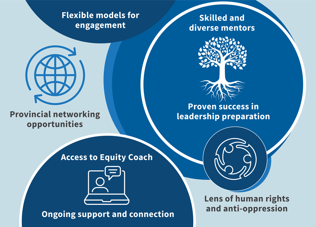 SOQP – What you get Icons showing flexible models for engagement, skilled and diverse mentors, proven success in leadership preparation, lens of human rights and anti-oppression, ongoing support and connection and access to Equity Coach.
