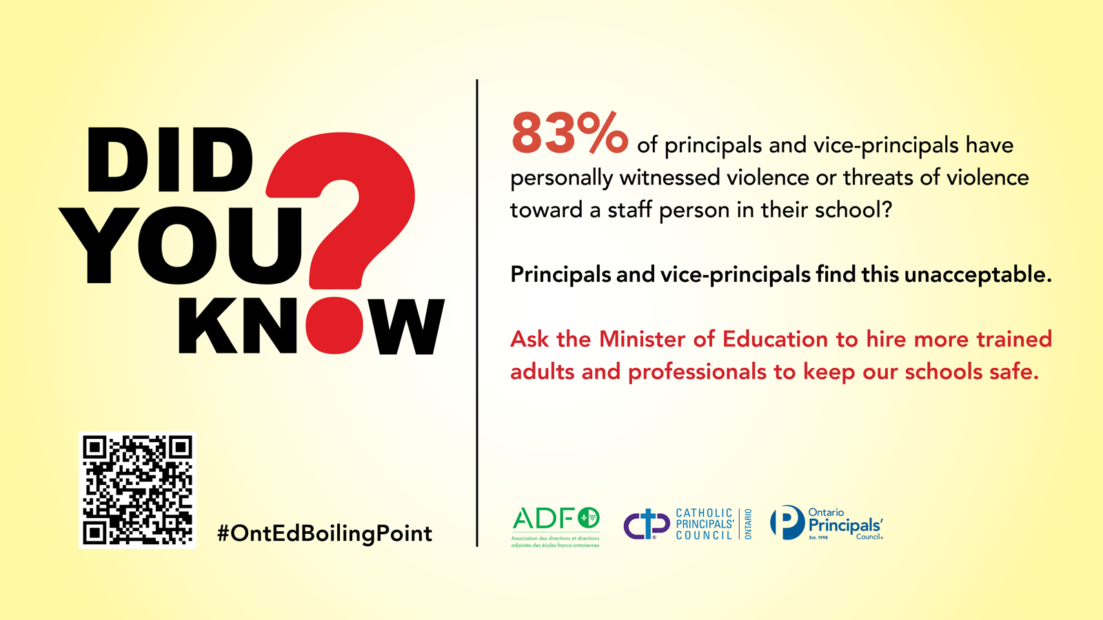 83% of principals and vice-principals have personally witnessed violence or threats of violence toward a staff person in their school?  Principals and vice-principals find this unacceptable.  Ask the Minister of Education to hire more trained adults and professionals to keep our schools safe.